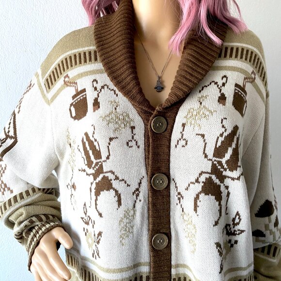 Mulitcolored Cardigan Sweater Novelty Print Unique Fashion Quirky Grandpa Granny - Picture 7 of 9